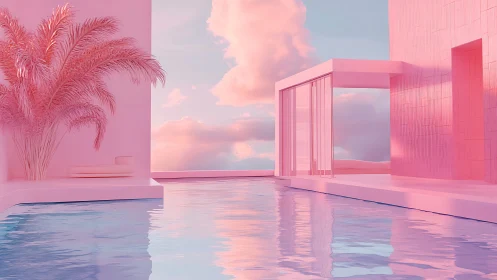Minimalist Pink Architecture with Tropical Landscape.