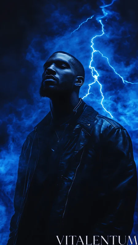 Male figure in leather jacket against blue lightning field.