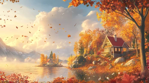 Golden autumn lakeside cabins welcome a gentle, glowing dusk