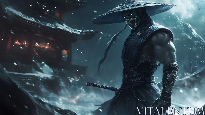 Cybernetic ronin in blizzard-lit temple courtyard, tactical stance.