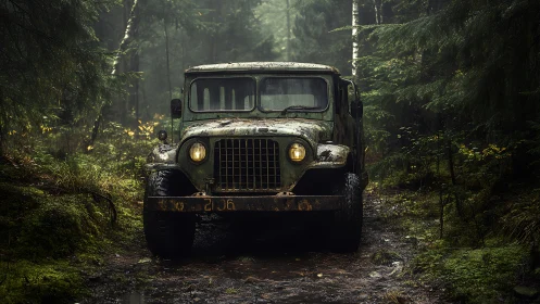 Weathered forest jeep waits patiently on a misty green trail