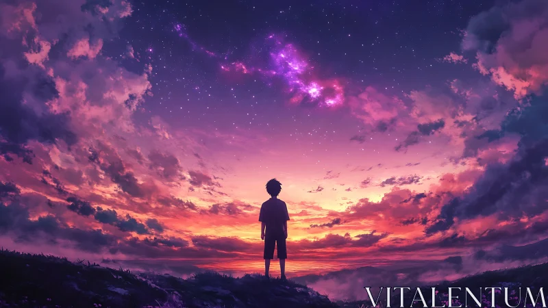 Boy contemplates a luminous galaxy in a blazing sunset sky.