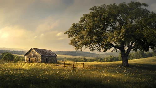 Sunlit country cabin rests beneath a vast protective oak