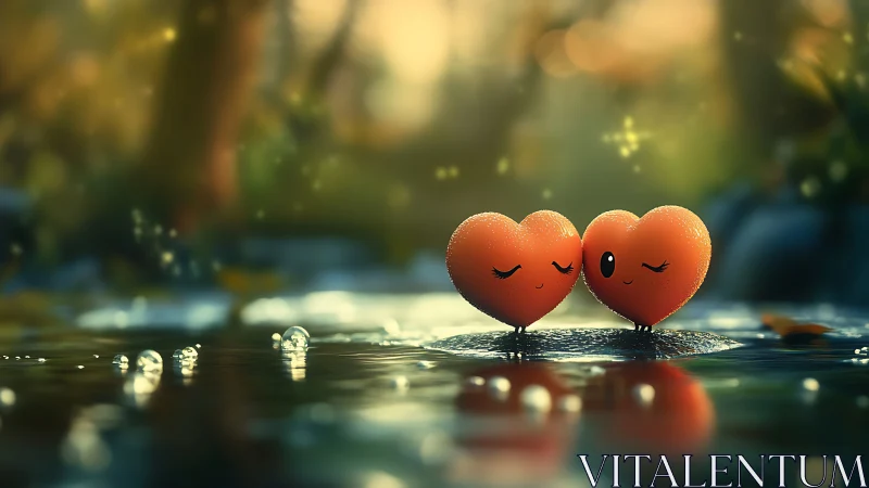 Two anthropomorphic heart figures in shallow water with vegetation.