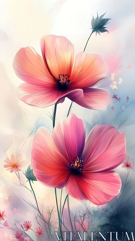 Pink Cosmos Blooms Dancing in Soft Watercolor Dreams.