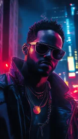 Neon crowned nightwalker in cyberpunk city glow.