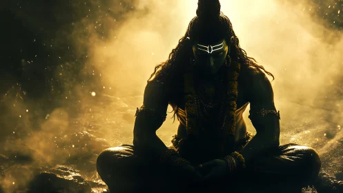 Meditating divine warrior glows in mystical golden haze.