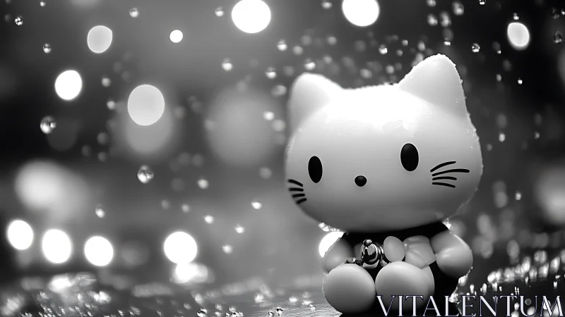 Monochrome kawaii cat figurine under rainy bokeh lights.