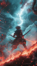 Stormlit samurai confronts lightning above a burning ridge
