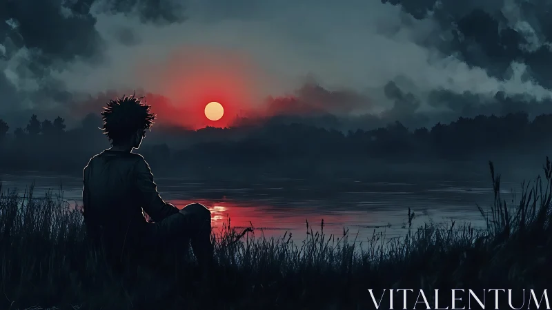 Silhouetted figure studies red sun over misty reflective lake horizon