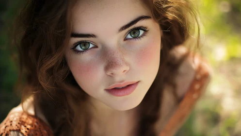 Soft daylight portrait of freckled young woman, shallow depth