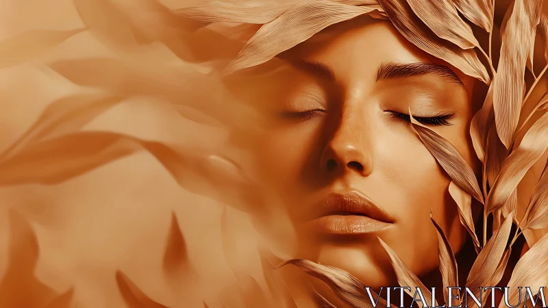 Female face with closed eyes surrounded by dried leaves