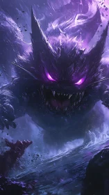 Nightmare shadow beast surges through stormlit violet void.