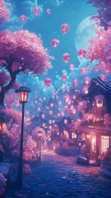 Moonlit cherry blossom street with glowing pink balloons.