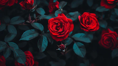 Midnight garden roses glowing against deep teal leaves.