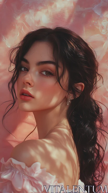 Soft-lit portrait of a young woman in romantic rose hues