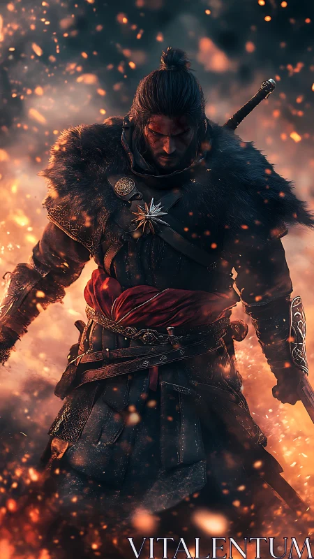 Armored warrior stands amid suspended sparks and diffuse smoke