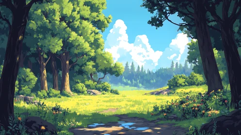 Forest Clearing with Ancient Trees and Meadow.