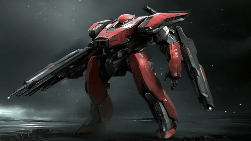 Crimson war mech prowls a stormlit battlefield of steel dusk.