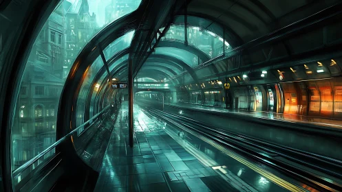 Futuristic glass transit platform in dense urban tunnel.