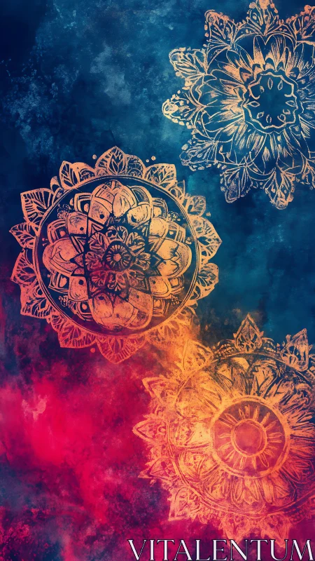 Radiant mandala blossoms glow over cosmic watercolor sky.