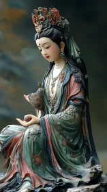 Seated robed figure rendered in detailed digital sculpture