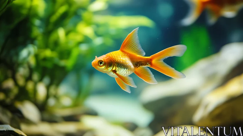 Selective focus study of orange goldfish in planted aquarium