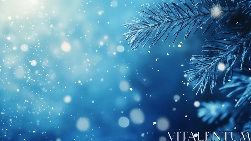 Frosted pine needles shimmer through a dreamy winter snowfall.