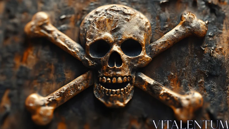 Textured 3D skull-and-crossbones emblem in aged metallic relief.