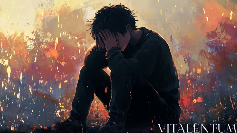 Melancholic youth in crouched pose amid abstract firelit haze