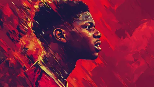Profiled footballer in dynamic red digital portraiture.