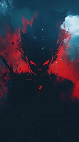 Red energy warrior silhouette dominates dark abstract void.