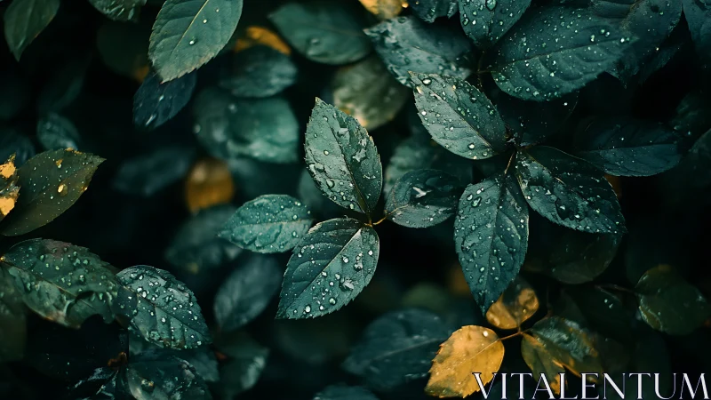 Emerald foliage with raindrops in moody low-key lighting.