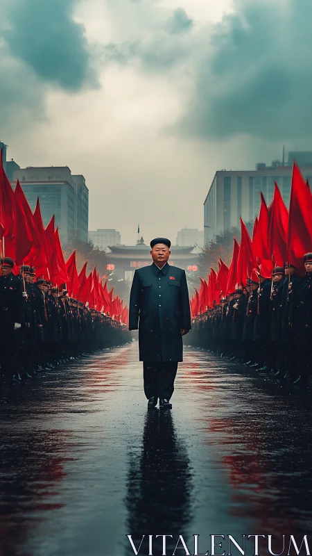 Leader marching through symmetrical red-flag military parade.