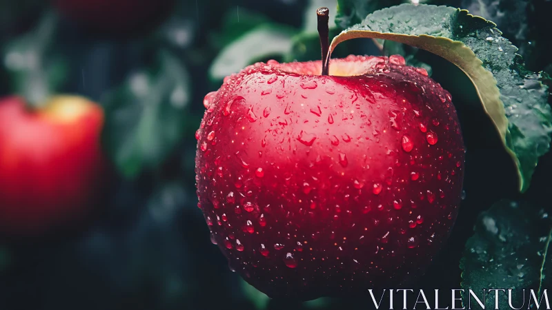 Crimson apple macro with rain-soaked skin and foliage