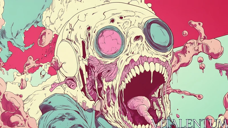 Psychedelic astronaut skull bust in neon grotesque linework.