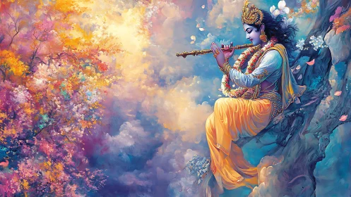 Digital painting of divine flutist amid luminous blossoms.