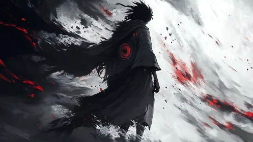 Dark warrior silhouette strides through storm of red ash.