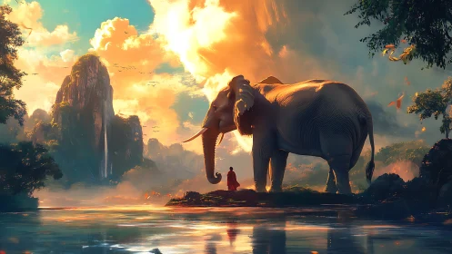 Majestic elephant and monk share a serene sunrise river