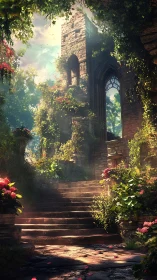 Sunlit ivy ruins frame a secret garden stairway path.
