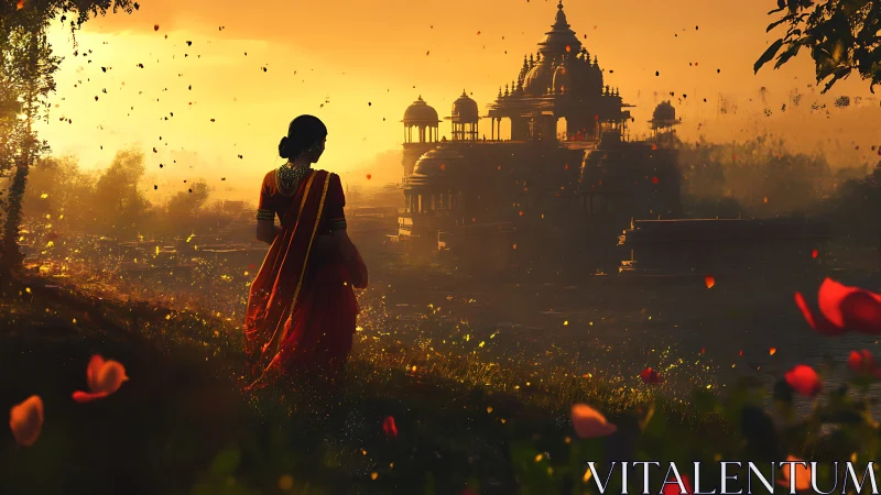 Woman in red sari overlooking ornate temple at sunset.