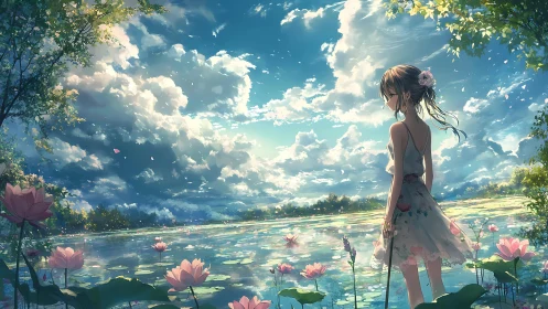 Backlit girl studies reflective lotus pond under dynamic cloudfield