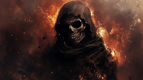 Fiery hooded skeleton emerges calmly from swirling embers