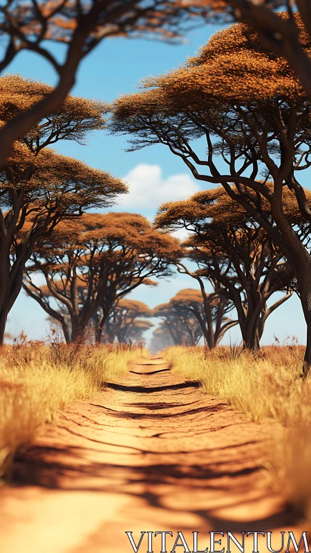 Dirt track through dry savanna trees under clear sky.