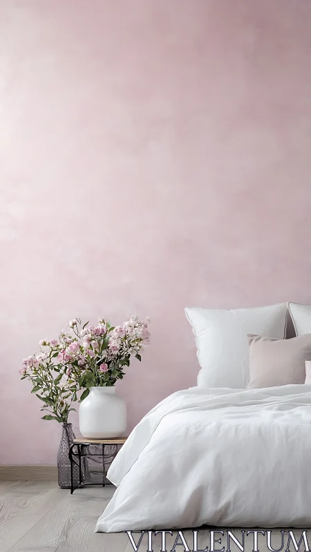 Soft pink bedroom wall frames minimal white bed scene