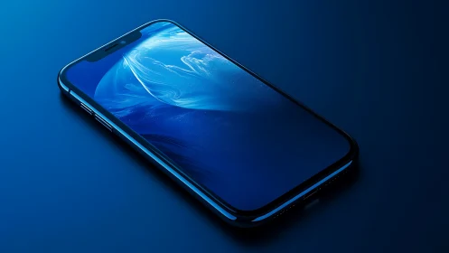 Mobile device displaying liquid abstract interface on blue background