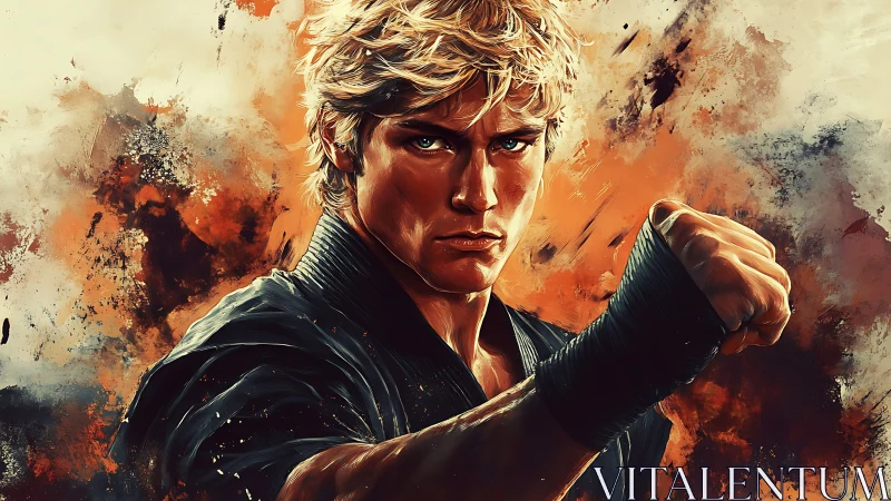 Dynamic martial artist portrait with intense painterly strokes.