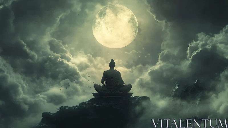 Quiet moonlit meditation above soft swirling clouds.
