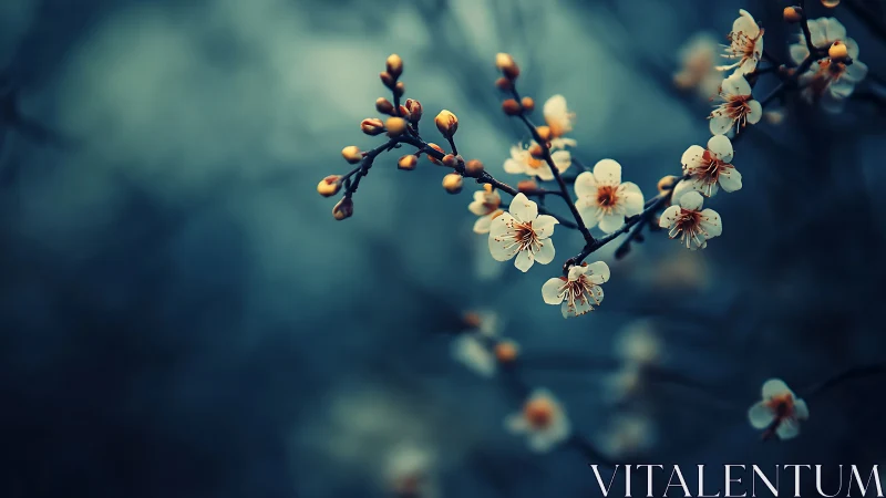 Delicate Spring Blossoms With Ripening Buds on Twisted Branches.