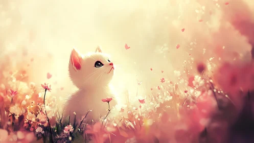 White cat with pink ears in bokeh flower field with light particles